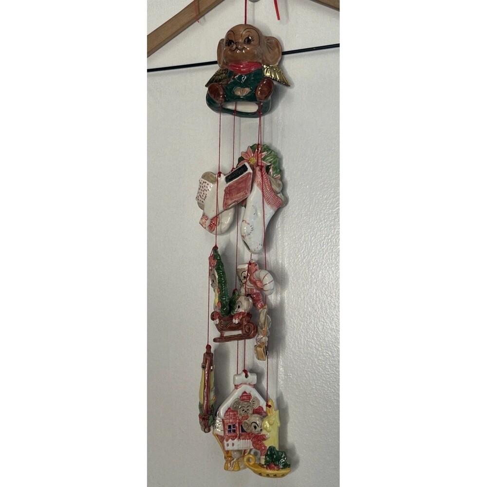 Vintage 1980 Wind Chime Christmas Angel Mice Hand Painted Ceramic Nostalgic